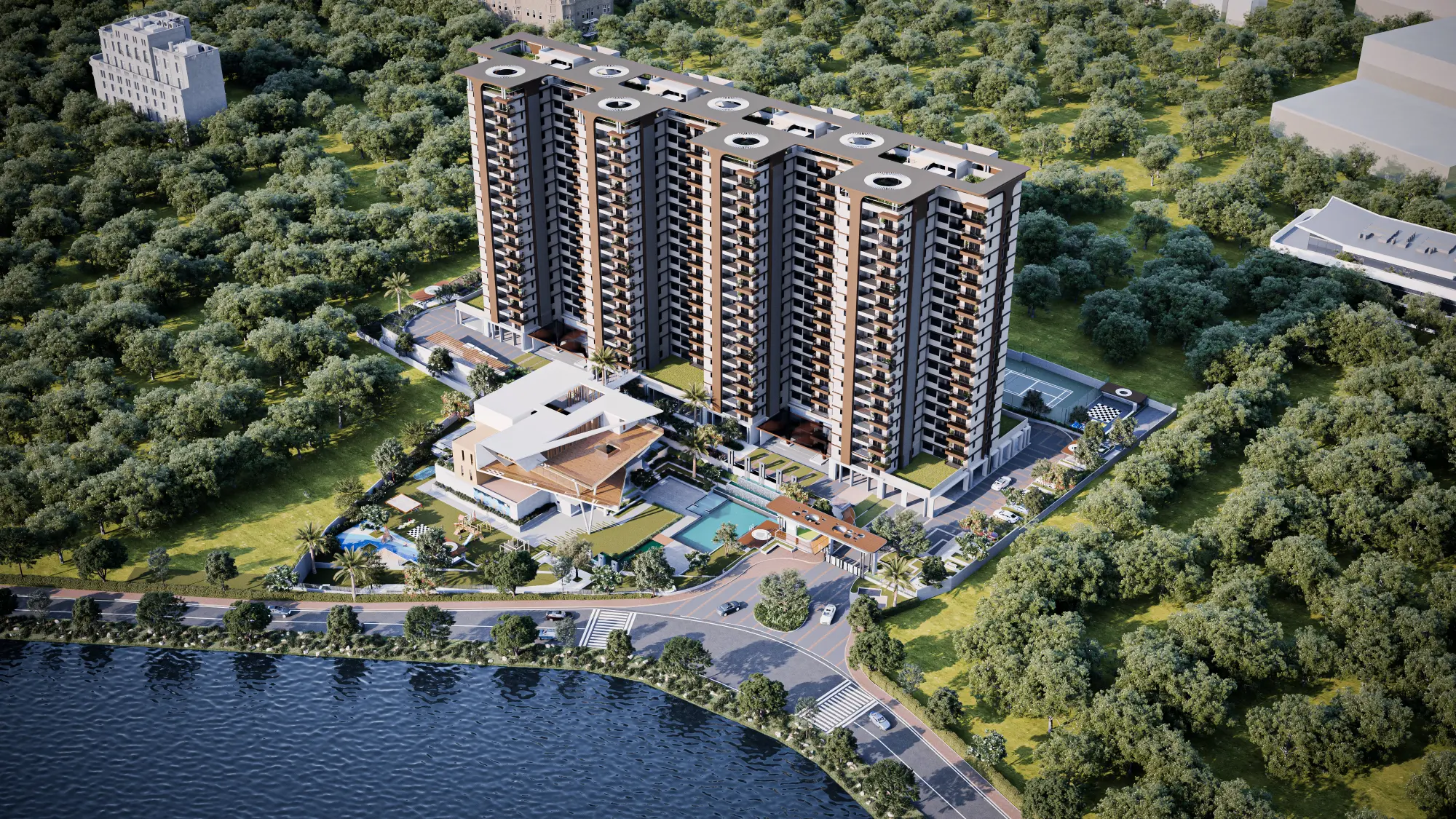 Aerial day view of NCC Urban Lake Springs by the lake