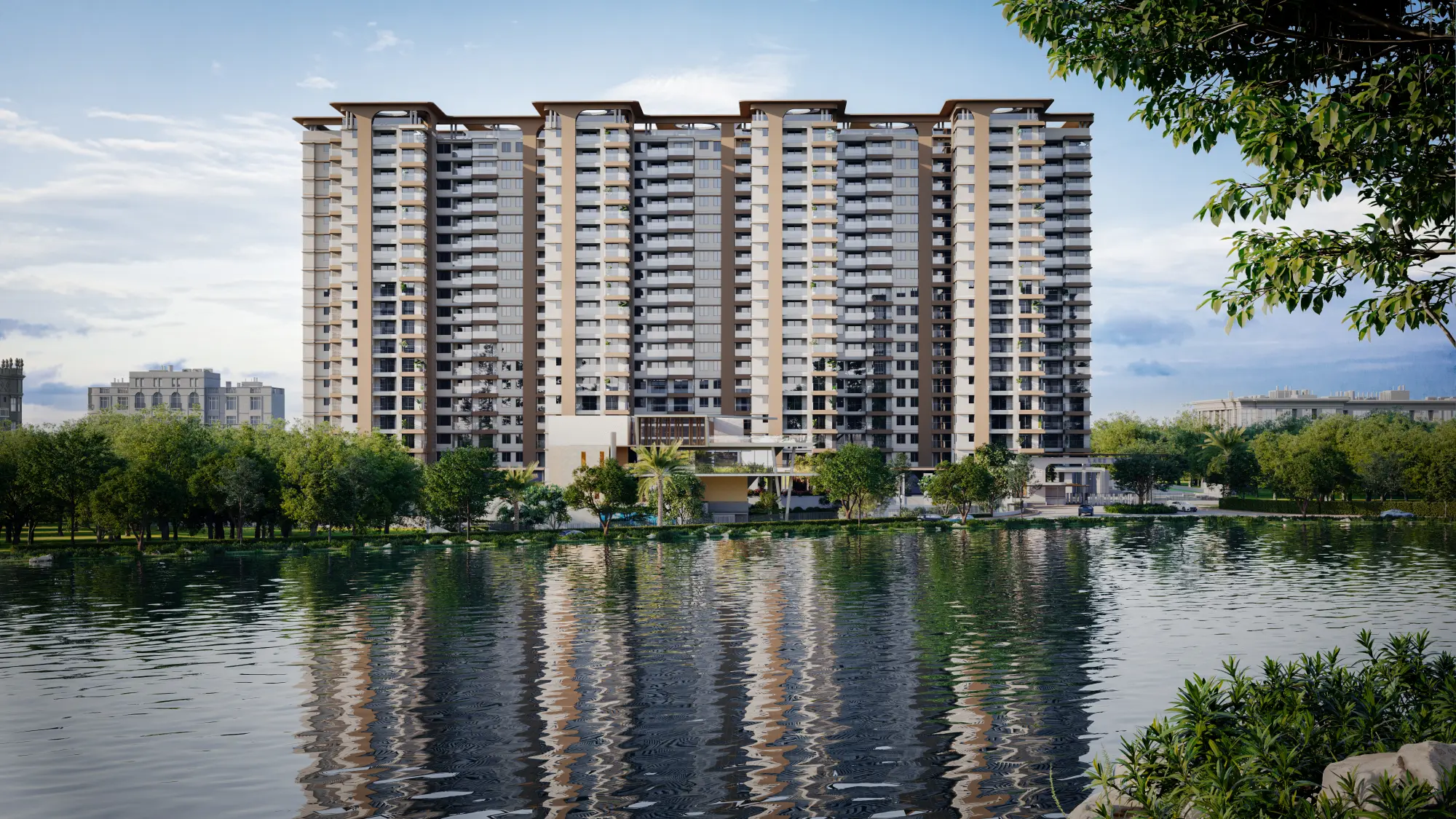 NCC Urban Lake Springs — front elevation reflected in Avalahalli Lake