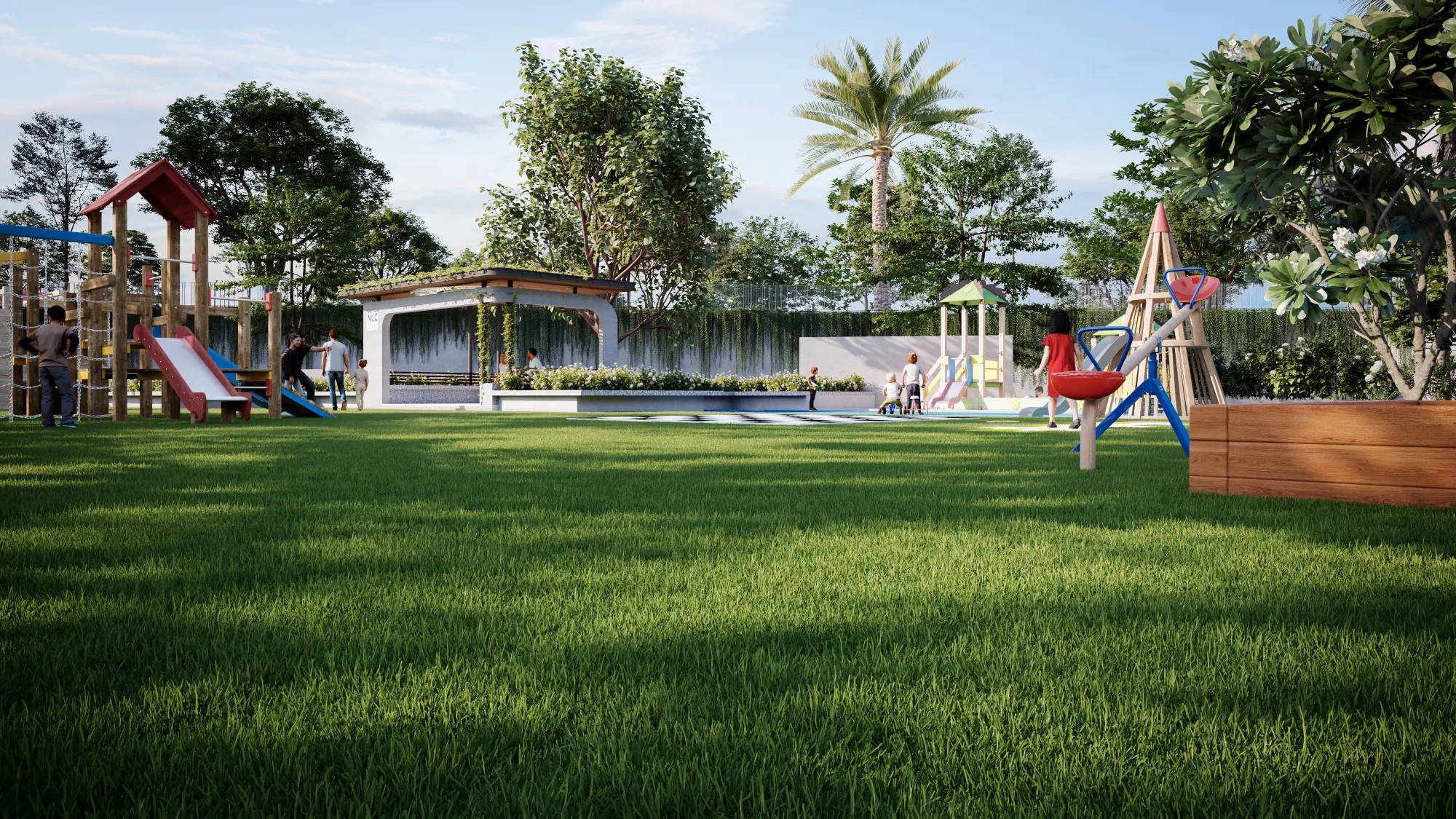 Children's play area with lawn and playground equipment