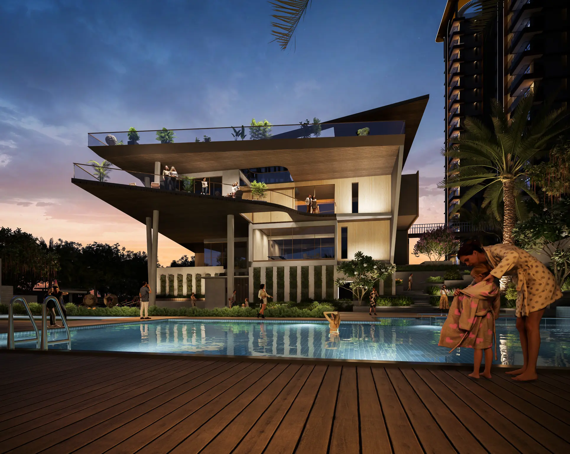 Pool and clubhouse at dusk — NCC Urban Lake Springs